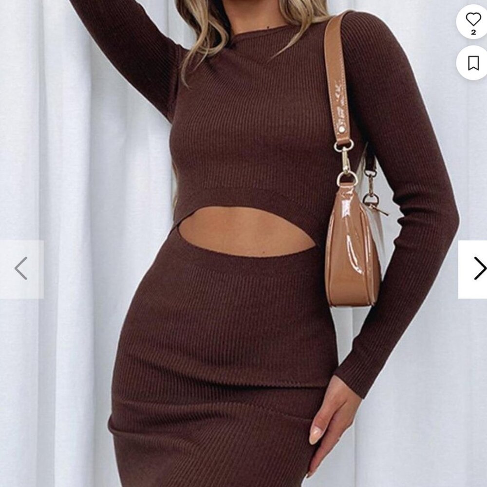 White Fox Boutique Brown Long Sleeve Dress